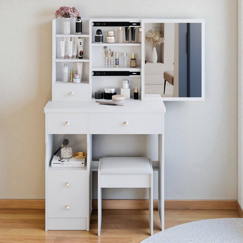 Small Vanity Desk with Sliding Mirror and Stool, Compact Makeup Table with Drawer and Storage for Small Spaces