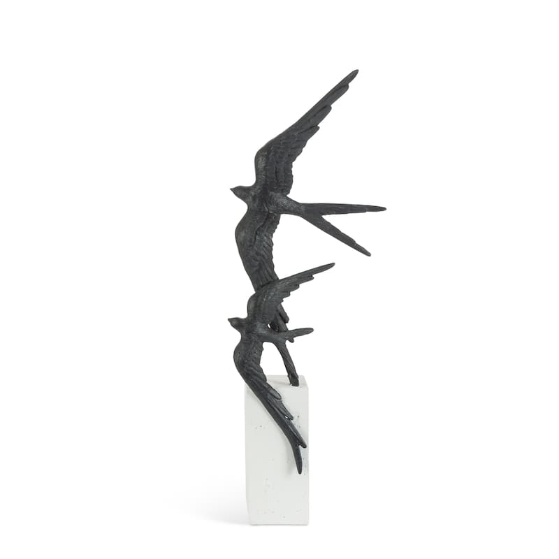 20 in H Black Swallows in Flight Decor on White Marble look Resin Base