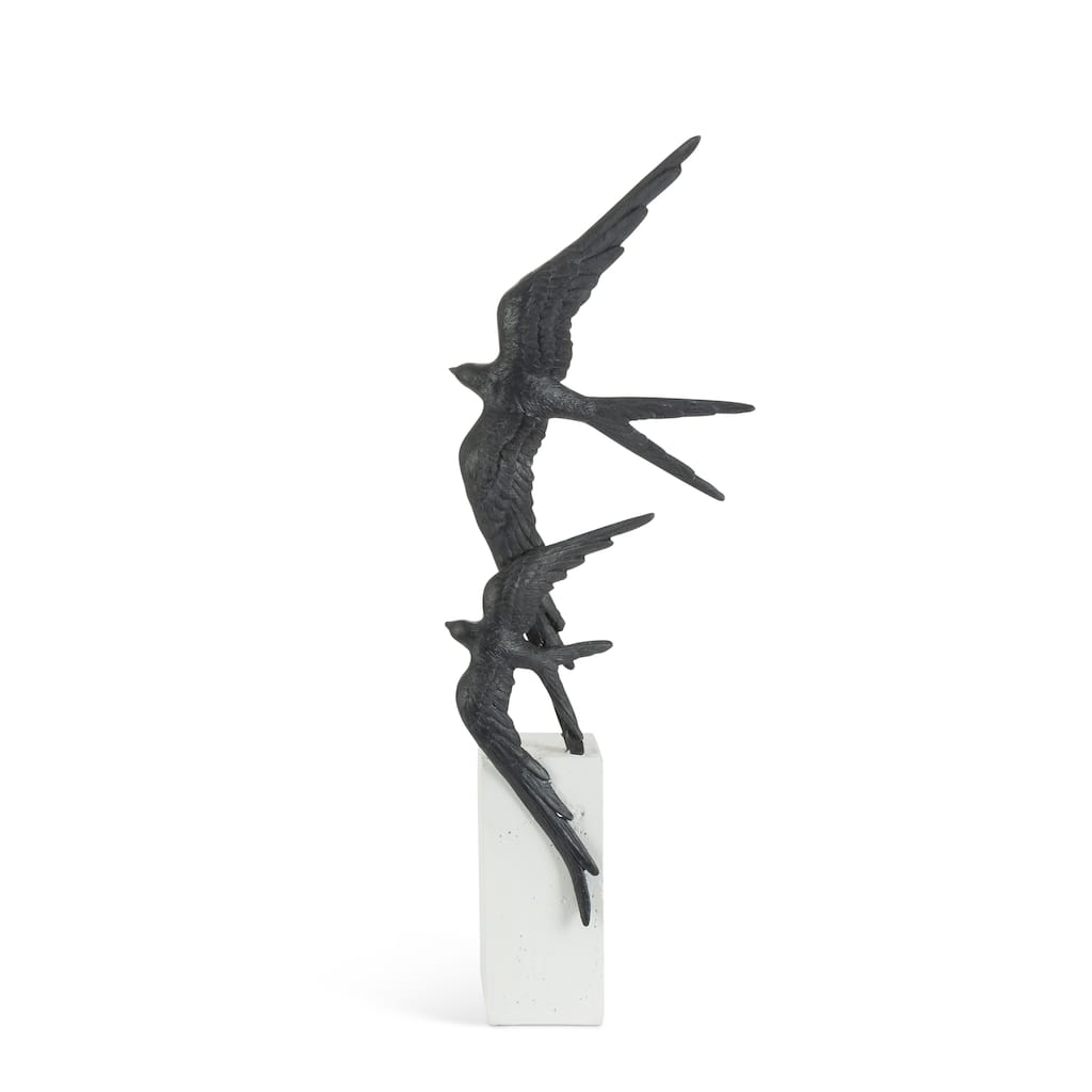 20 in H Black Swallows in Flight Decor on White Marble look Resin Base