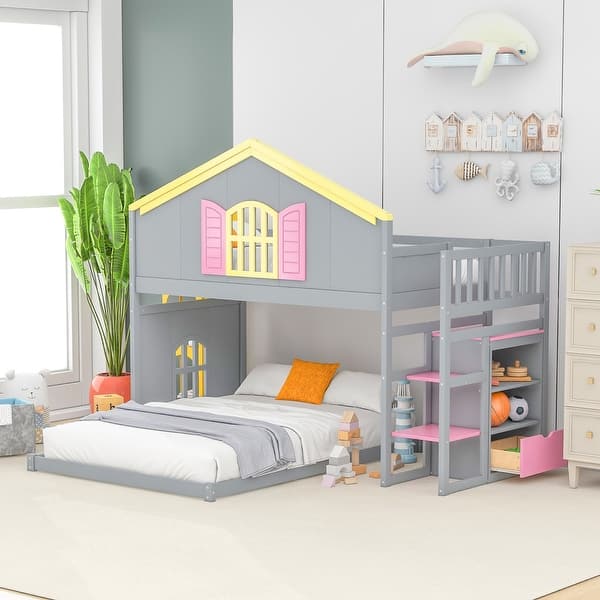 slide 2 of 16, House Shaped Bed with Windows,Twin over Full House Bunk Bed with Pink Staircase and Drawer, Shelves Under the Staircase. Grey