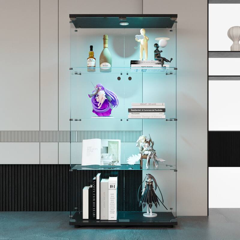 LED Lights Glass Display Cabinet w/2 Doors & 4 Tier Storage Shelves, Floor Standing Bookshelf Toy Collectibles Organizers Rack - Black