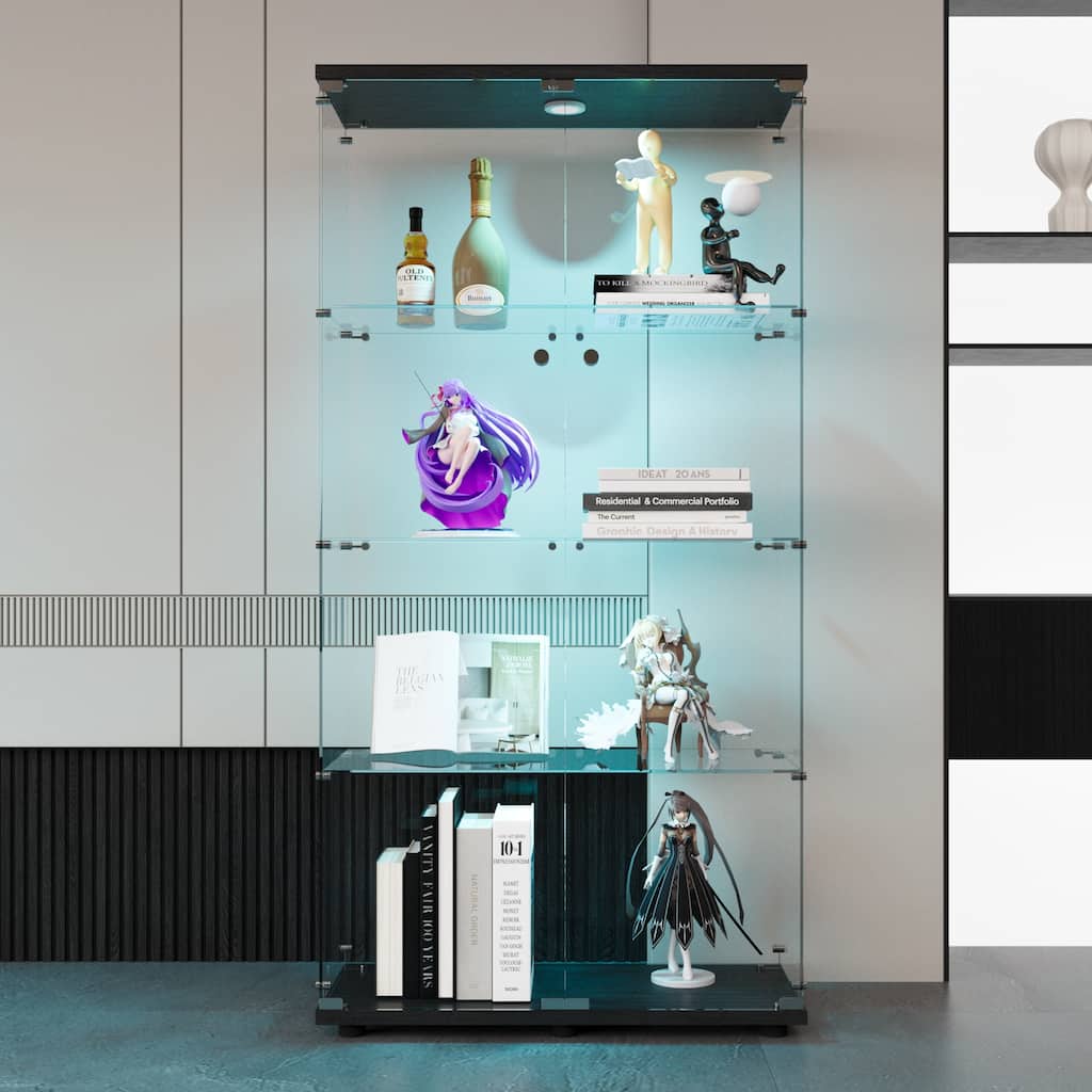 LED Lights Glass Display Cabinet w/2 Doors & 4 Tier Storage Shelves, Floor Standing Bookshelf Toy Collectibles Organizers Rack