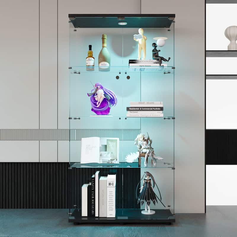 LED lights Glass Display Cabinet with 4-Shelves&2 Doors, Floor Standing Curio Bookshelf for Living Room Bedroom Collection Room