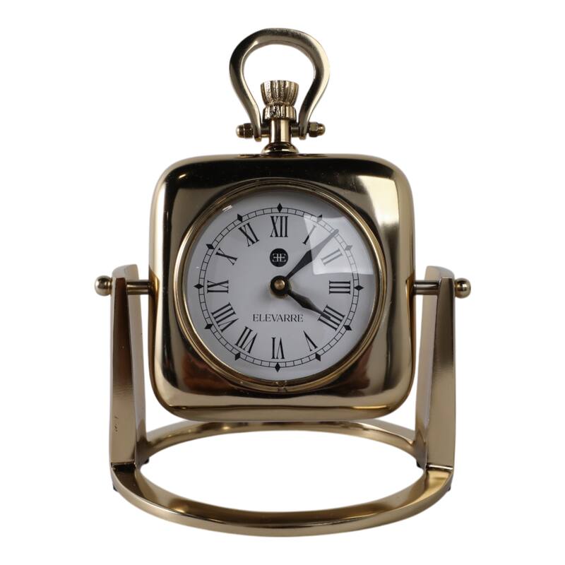 Metal Glass Desk Clock with Roman Numerals and Curved Frame Design - 7" x 7" x 9"