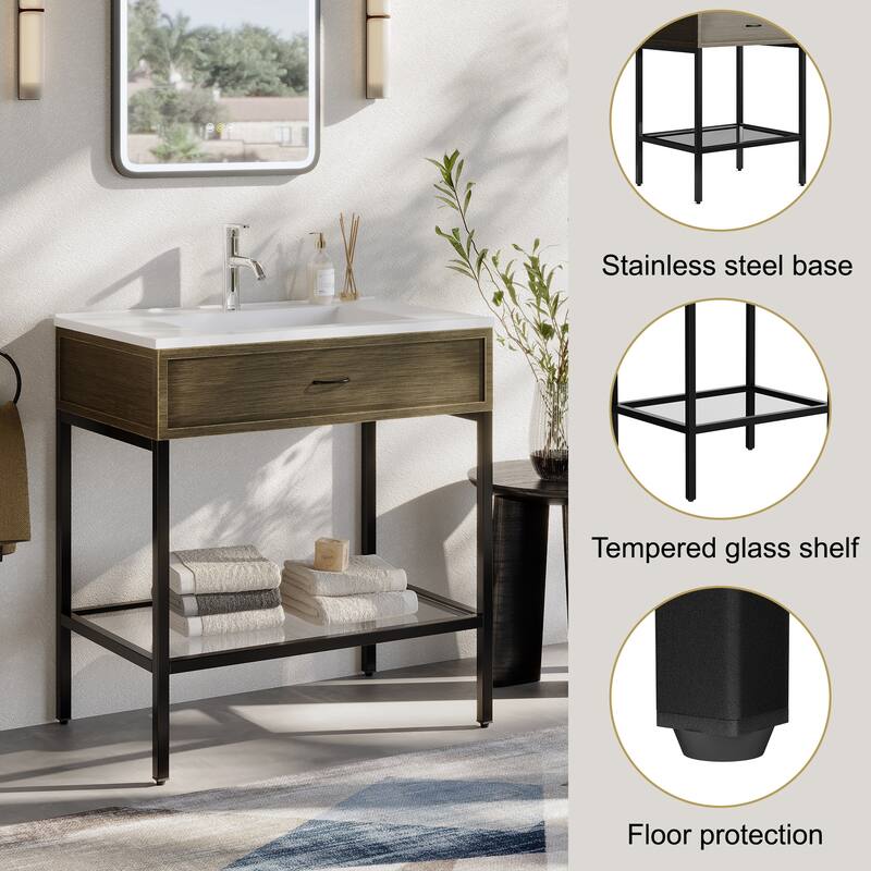 Ansel Freestanding Bathroom Vanity with Single Sink, One Glass Shelf, Metal Legs