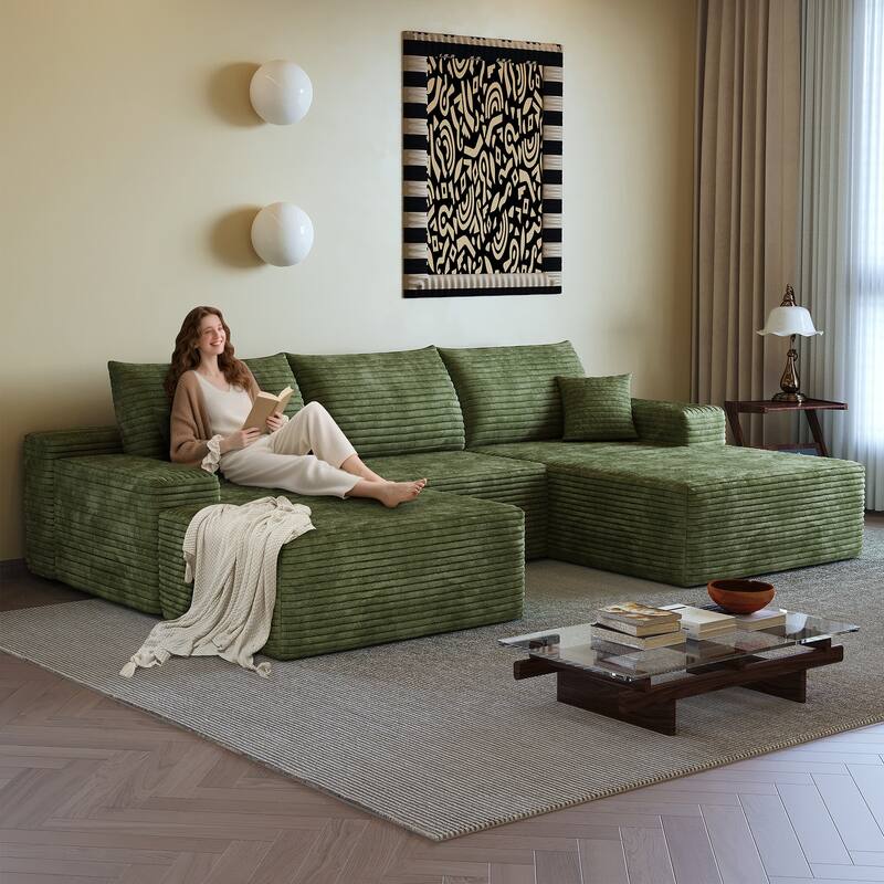 Sofa 107-in Casual Green 3 -seater Right Reclining Sectional with 1 Ottoman - 8' x 10'