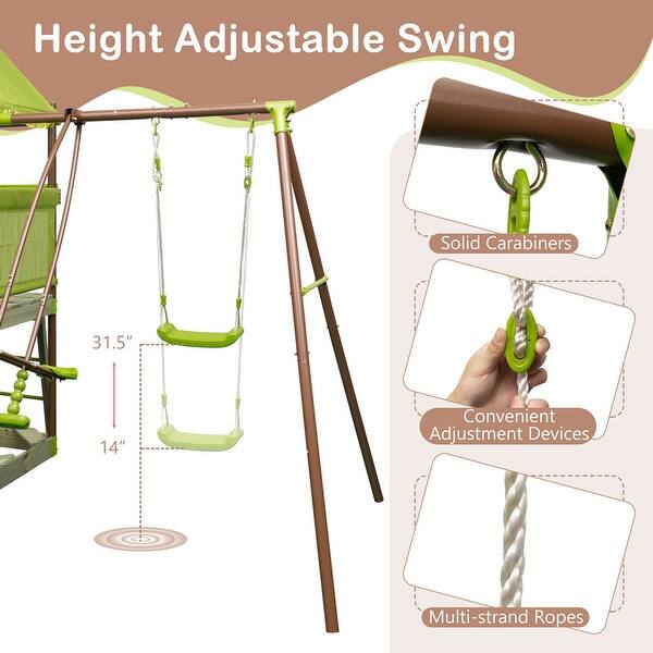 dimension image slide 0 of 2, Costway 7-in-1 Swing Set with Covered Fort Height Adjustable Swing - See Details