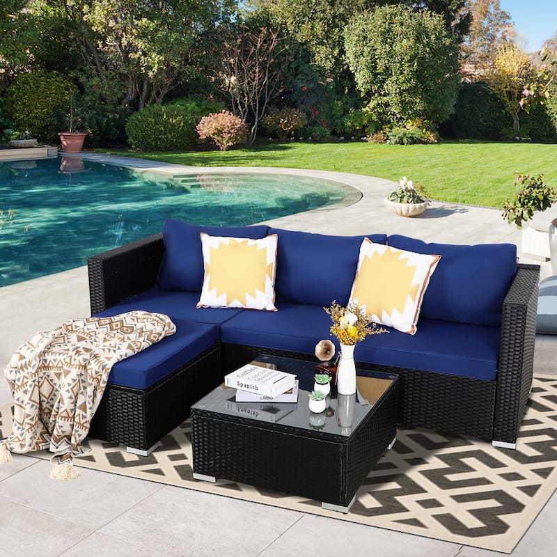 Vrakae Oversize 5 Piece Outdoor Patio Rattan Wicker Sectional Set - Navy Blue