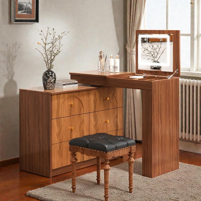 Vanity Desk with Flip-Top Mirror and LED Lights, Makeup Table with 7 Drawers, 9 Compartments, Shelves, 3-Color Modes