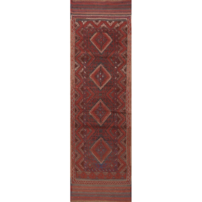 Hand Knotted Oriental 100% Wool Carpet Traditional Tribal Red Balouch Runner Rug - 8' 1'' X 2' 1''