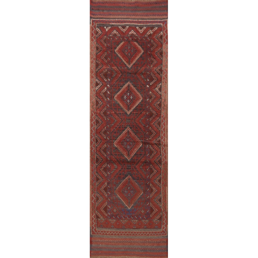 Hand Knotted Oriental 100% Wool Carpet Traditional Tribal Red Balouch Runner Rug - 8' 1'' X 2' 1''