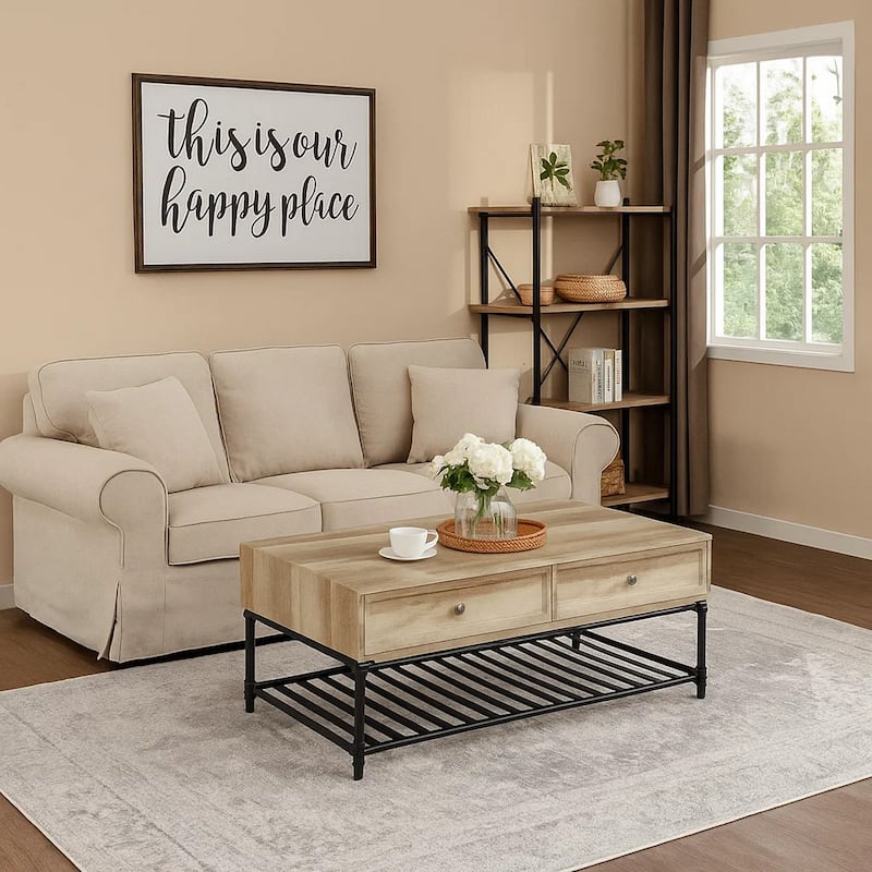 Ley 47 Inch Coffee Table, 2 Drawers, Industrial Design, Slatted Shelf, Oak