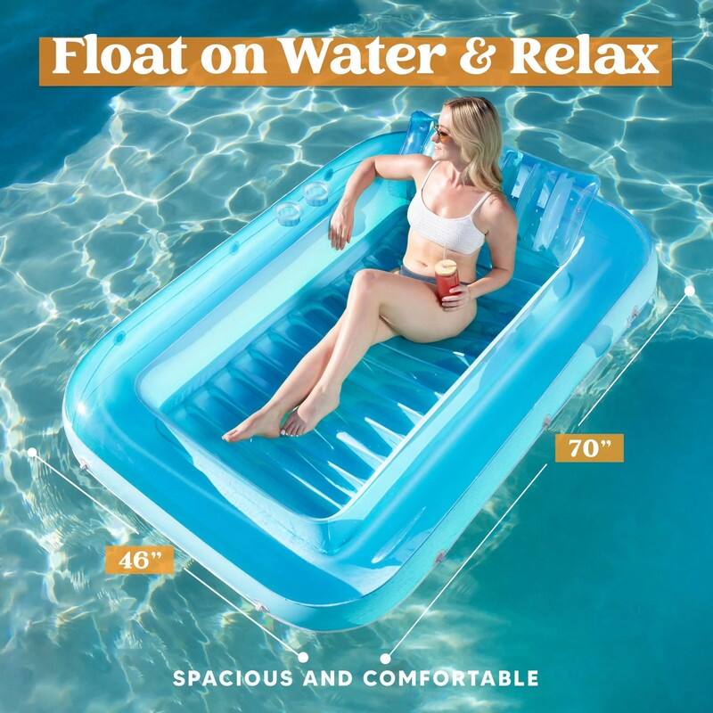 Inflatable Tanning Pool Lounge Float, 70" x 46" Suntan Tub Raft, Personal Pool Lounger with Pillow for Adults
