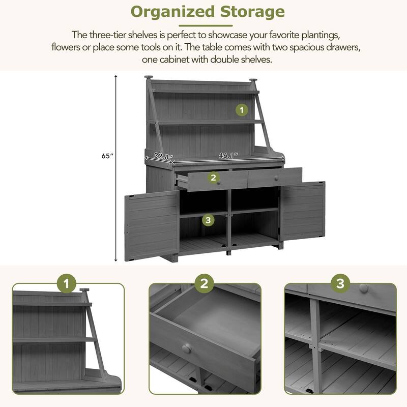 65-inch Garden Potting Bench - Fir Wood Workstation with Storage Shelf, Drawer