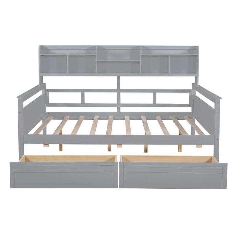 Full Size Daybed with Wood Slat Support, Bedside Shelf, and Two Drawers in Gray