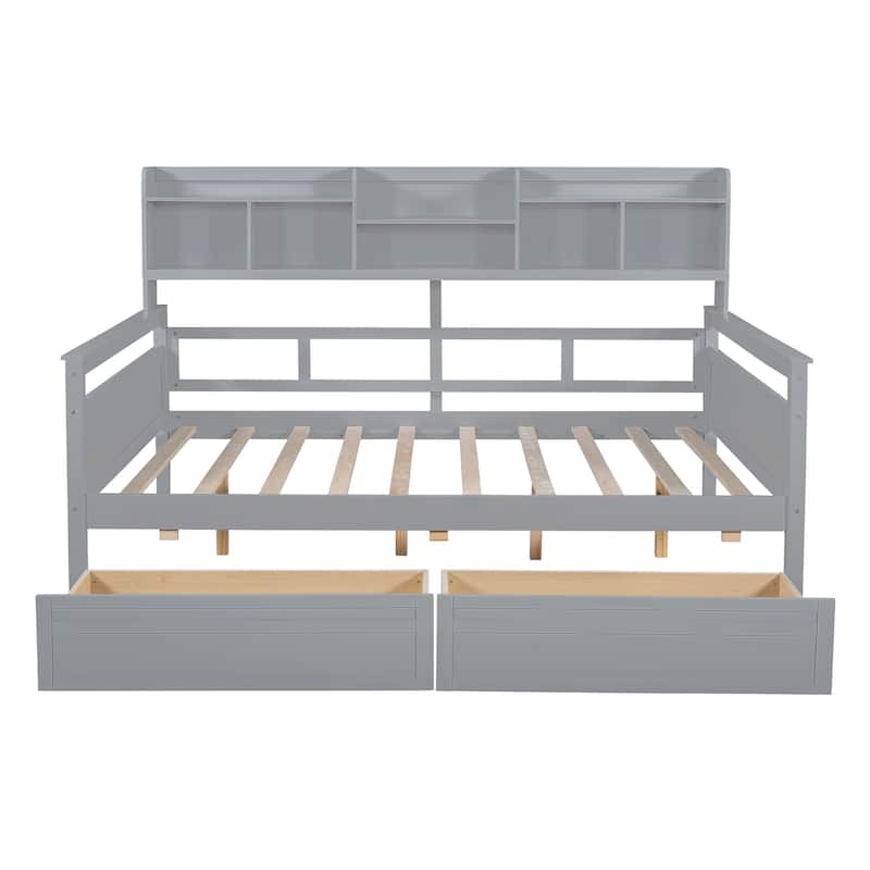 Wood Slat Support Daybed, with Bedside Shelves and Two Drawers - Grey
