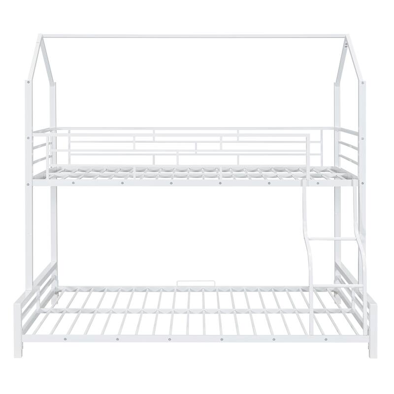 Twin Over Full Kids Heavy Metal House Low Bunk Bed, Convertible Floor Bunk Bed Frame with Full-Length Guardrail and Ladder