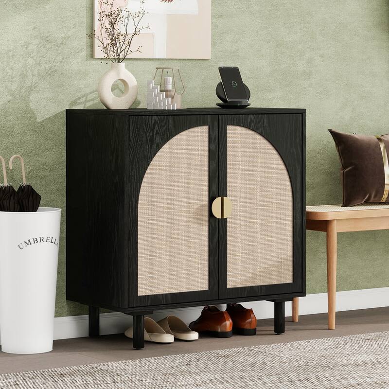 Rattan Decorative Cabinet Dining Cabinet with Semicircular Metal Handles, Rustic Credenza Console Cabinet - Black