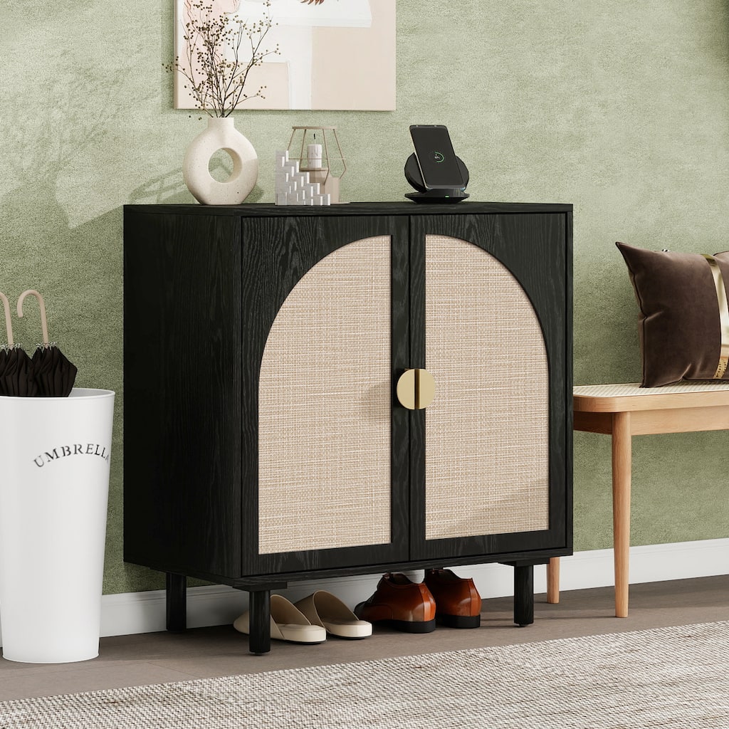 Rattan Decorative Cabinet Dining Cabinet with Semicircular Metal Handles, Rustic Credenza Console Cabinet