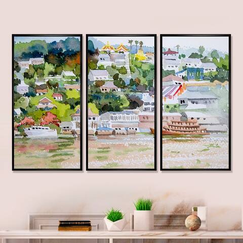 Designart "Asian Landscape With Passenger Ship on River" Mid-Century Modern Framed Wall Decor Set of 3 - 4 Colors of Frames