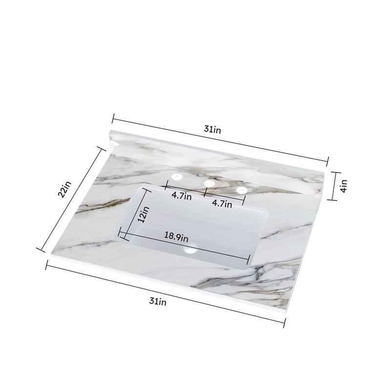 31 Inch Marble Vanity Top, Bathroom Vanity Top with Undermount Rectangular Middle Sink and 4" Height Backsplash