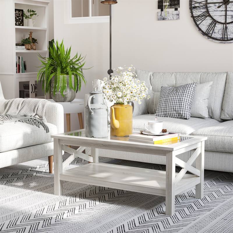 Coffee Table with Wood Frame, Tempered Glass Tabletop, Storage Shelf