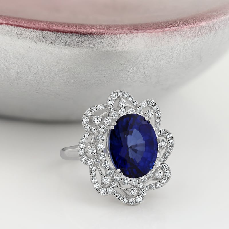 Auriya 18k Gold 10.05ct Oval Sapphire Halo Diamond Engagement Ring 1 1/4ct TDW