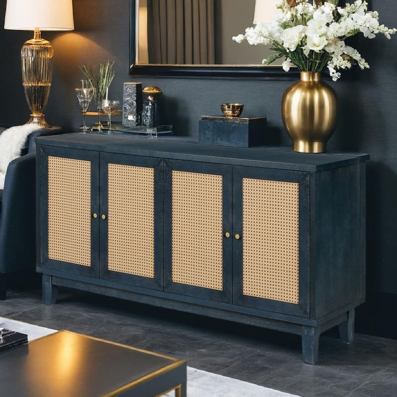 Handcrafted Premium Grain Panels,Rattan Sideboard Buffer Cabinet,Accent Storage Cabinet With 4 Rattan Doors