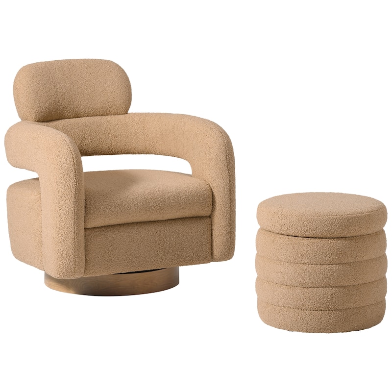 Bayville Sherpa Swivel Chair With Round Storage Ottoman 2-Piece Set - Camel