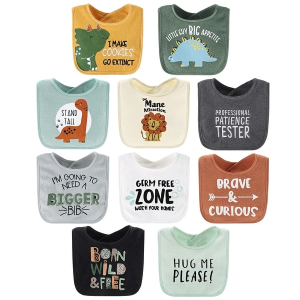 slide 1 of 1, The Peanutshell Dino Boy 10-Pack Terry Bibs in blue, green and black