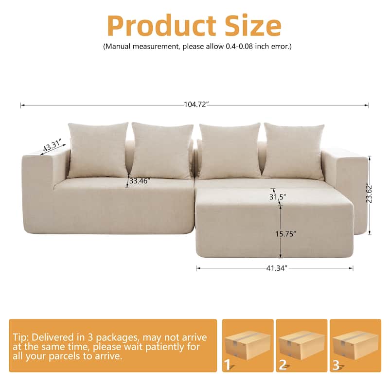 XINMICS 104.72'' Modern Sectional Sofa, 4 Seater Modular L-Shaped Full-compressed Sofa Couch - 104.72"Wx43.31"Dx23.62"H