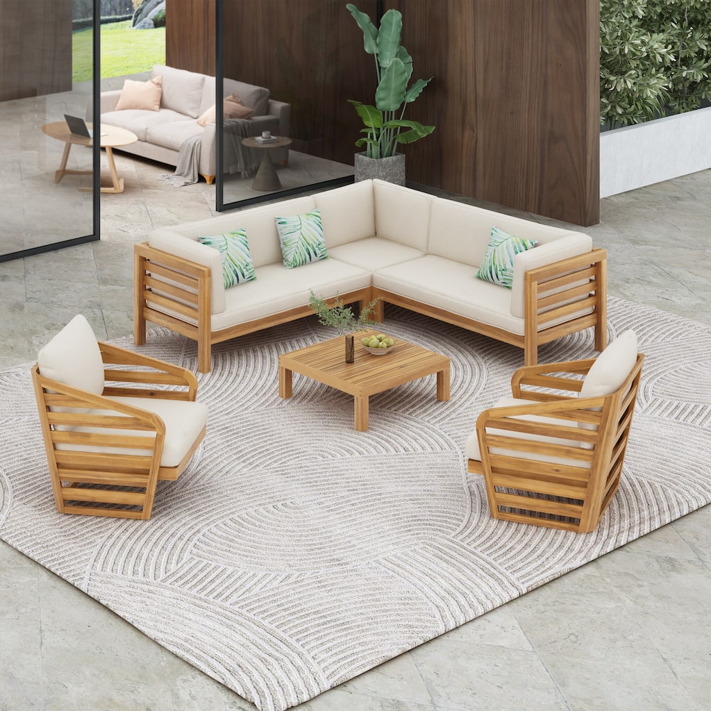 Oana Outdoor 5 Seater V Shaped Mid-Century Modern Acacia Wood Sectional Sofa Set with Club Chair by Christopher Knight Home