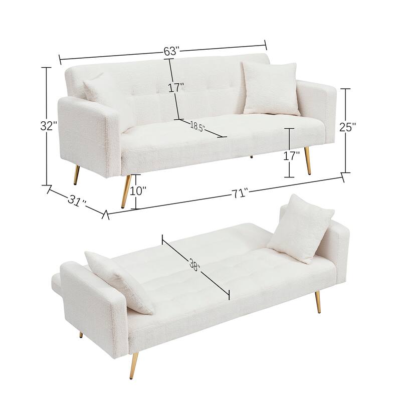 71" Modern Teddy Velvet Sofa Bed Folding Couch with Two Throw Pillows for Living Room