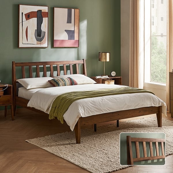Mopio Ted Acacia Solid Wood Bed Frame with Headboard - Queen - Walnut
