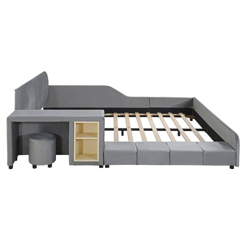 Queen Size Upholstered Grounded Bed, Mother & Child Bed with Bedside Desk and Little Round Stool, Velvet, Gray
