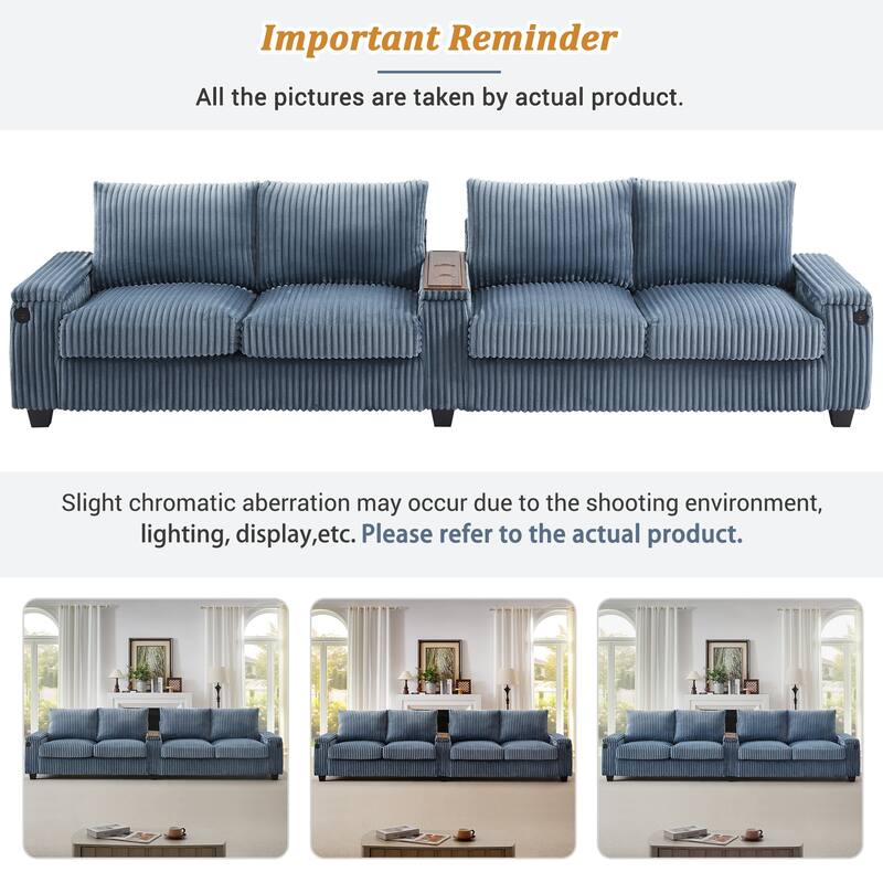 133" Corduroy 4-Seater Sofa with USB Ports, Flip-Top Cup Holders, and Hidden Storage