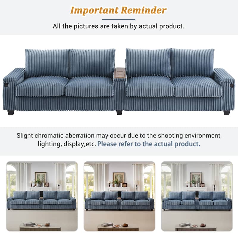 4 Seater Corduroy Sofa Couch with USB Ports and Storage Arms, 133" Modern Sofa with Side Pockets and Flip-Top Cup Holders