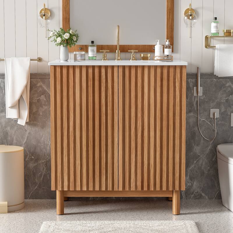 30.1'' Freestanding Bathroom Vanity in Wood with Integrated Ceramic Sink and Solid Wood Legs - 29.9'' x 18.3'' x 34'' - Wood Finish - 29.9'' x 18.3'' x 34'' - Wood