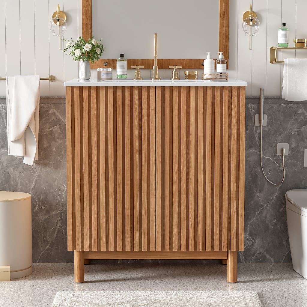 30.1'' Freestanding Bathroom Vanity in Wood with Integrated Ceramic Sink and Solid Wood Legs - 29.9'' x 18.3'' x 34''