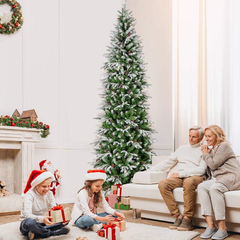 Gymax 6/7.5/9 FT Pre-Lit Artificial Christmas Tree Snow Flocked Hinged