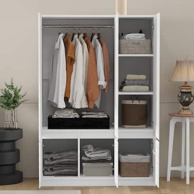 Wooden White Wardrobe Armoire Closet with Hanging Rod & Shelves, Freestanding Clothes Storage Cabinet for Bedroom Guest Room