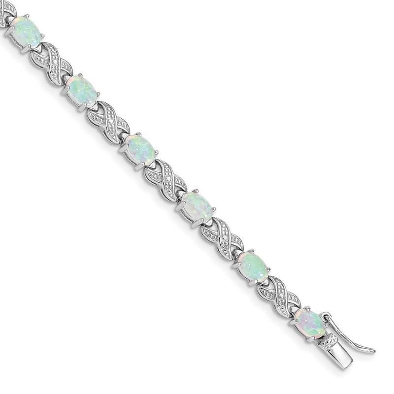 Curata 925 Sterling Silver Polished Box Catch Closure Simulated Opal and Diamond Bracelet 7 Inch Box Clasp