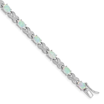 Curata 925 Sterling Silver Polished Box Catch Closure Simulated Opal and Diamond Bracelet 7 Inch Box Clasp