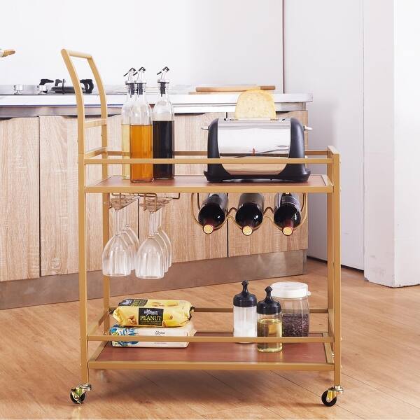 Gold Wood Metal Frame Kitchen Cart on 4 Wheels with Wine Rack and