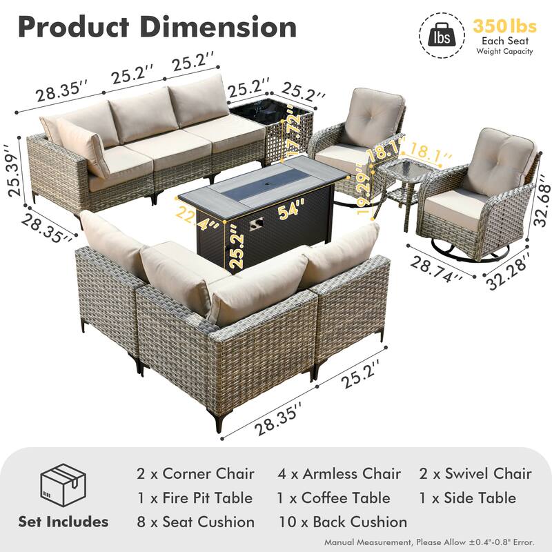 HOOOWOOO 11-piece Outdoor Patio Sofa Wicker Furniture Swivel Chair Set with 54" Fire Pit Table