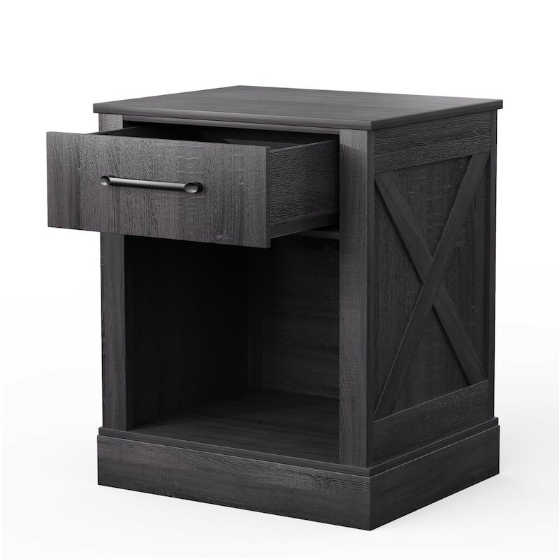 Nightstand with Drawer and Shelf Rustic Wooden Bedside Table Black - Black