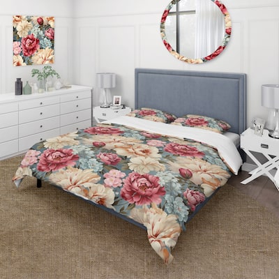 Designart "Pastel Pink And Beige Garden Floral Pattern II" Beige Cottage Bed Cover Set With 2 Shams