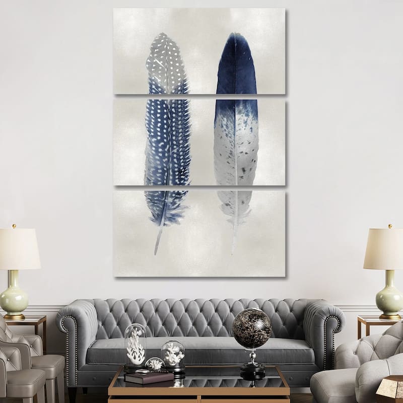 iCanvas "Blue Feather Pair On Silver" by Julia Bosco 3-Piece Canvas Wall Art Set