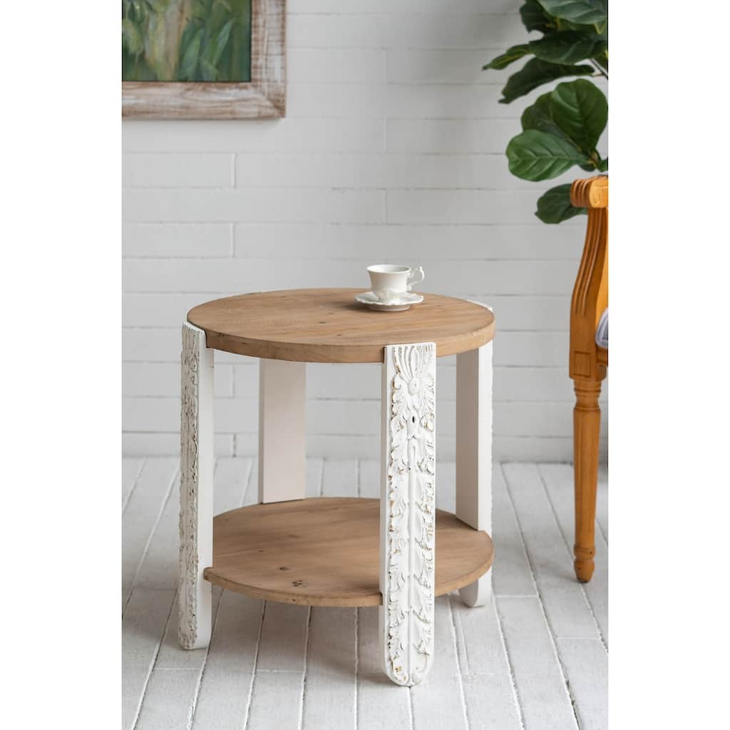 Round Two-Tiered Wooden Side Table with Natural Brown Finish and Distressed White Legs