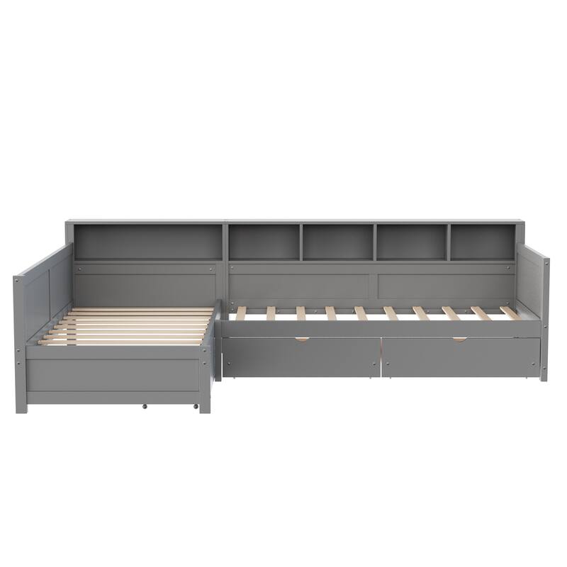 L-Shape Twin Size Day Bed for 2 with Storage Drawers and Bookshelf by Harper&Bright Designs